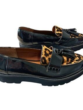 Franco Sarto Black Patent Loafers with Leopard Accents